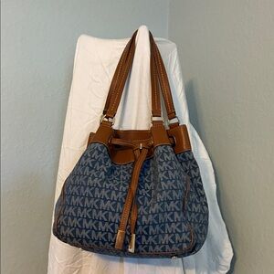 Michael Kors Denim Blue and Tan Drawstring Bag